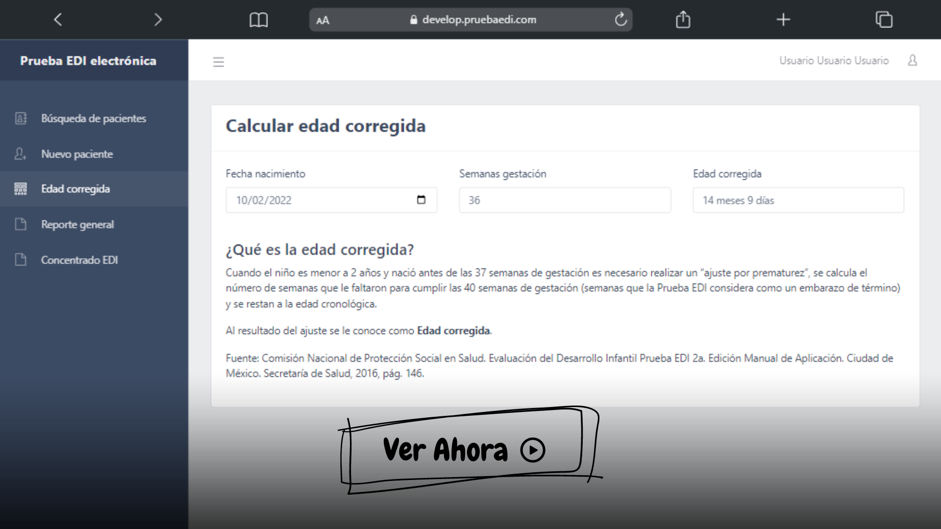 Vista previa del tutorial Calcular la edad corregida