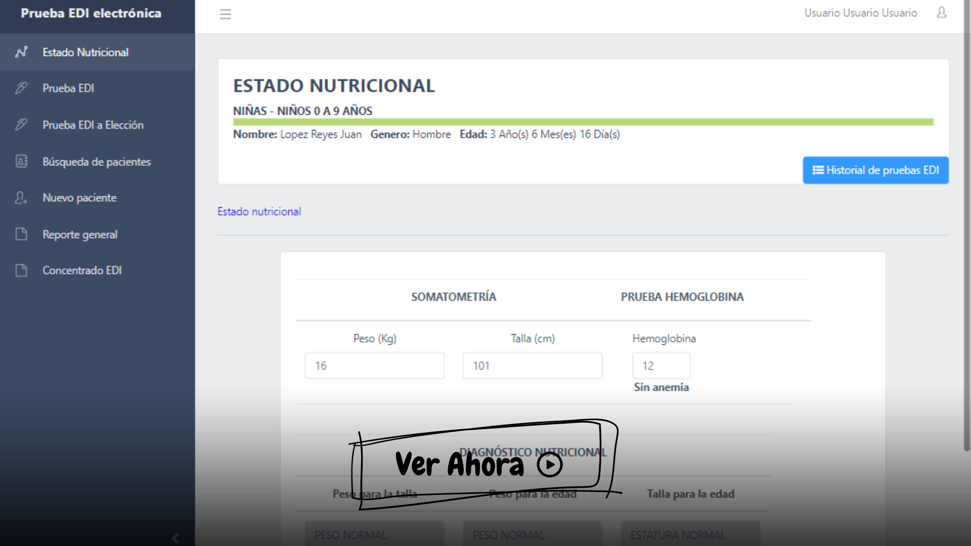 Vista previa del tutorial Obtener el estado nutricional